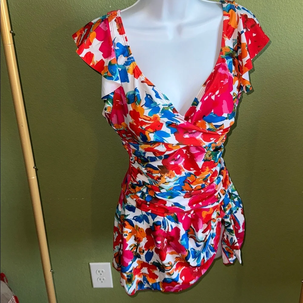 Floral V-Neck One-Piece Swimdress in Pink & Blue - Picture 2 of 7